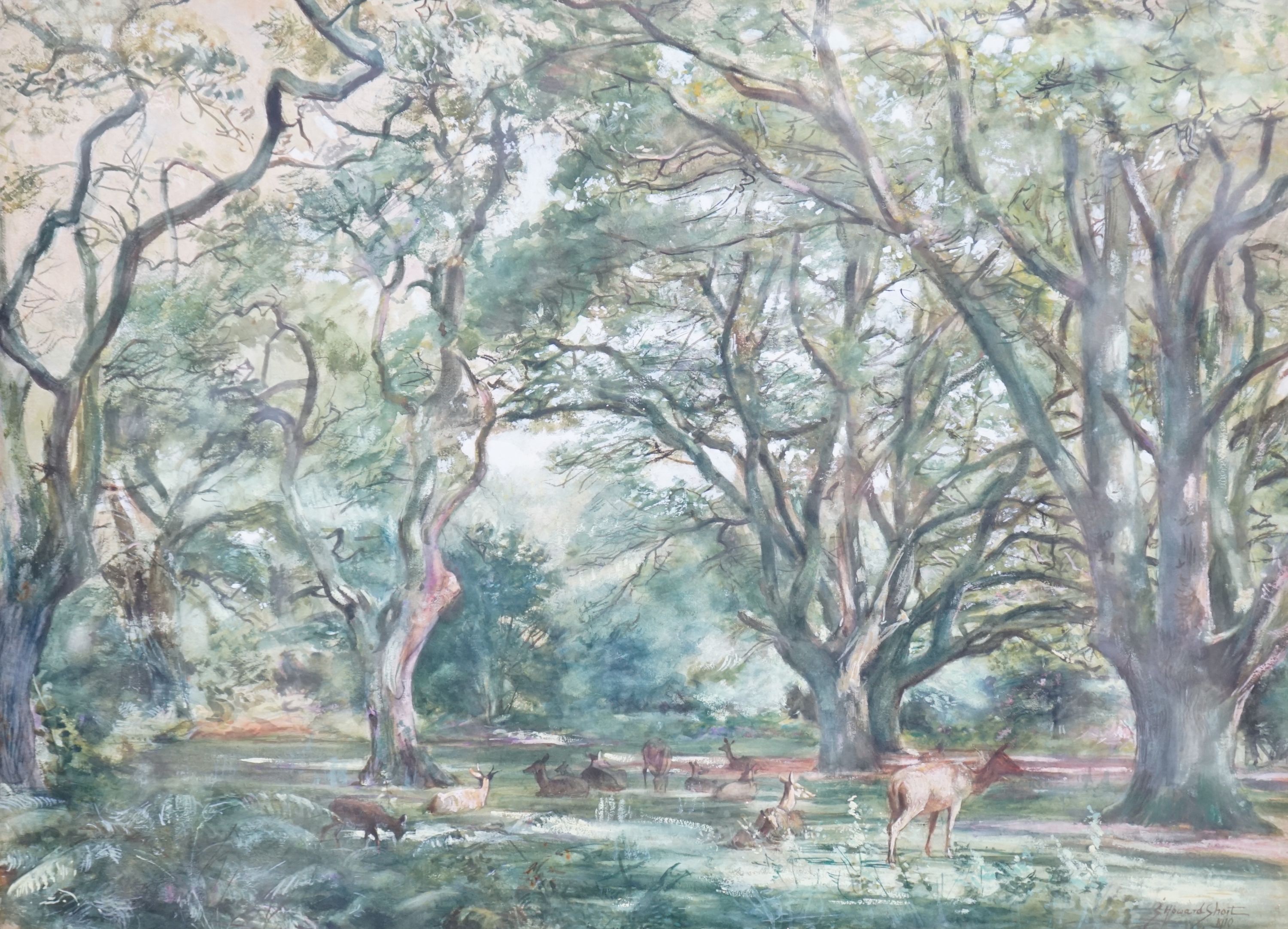 George Howard Short (b.1883), watercolour, Deer in parkland, signed and dated 1910, 37 x 50cm